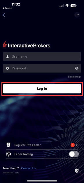 The IBKR Mobile login screen for the iPhone. 